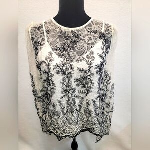 Rain Women's Size XL Long Sleeve Embroidered Top Black & Ivory with Cami